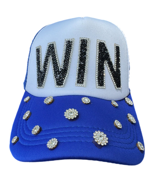 Blue win rhinestone trucker hat